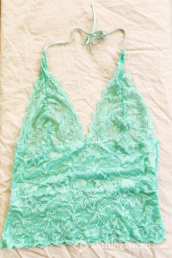 XL Frederick's Of Hollywood Seafoam Green Lace Halter Top - Vintage Lingerie - Sissy Wear